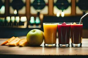 three glasses of juice and an apple on a table. AI-Generated photo