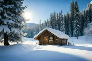 un cabina en el nieve. generado por ai foto