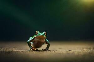 a frog is standing on the ground in front of a dark background. AI-Generated photo