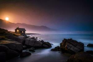 a small house on the rocks in front of the ocean. AI-Generated photo