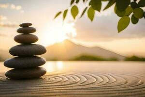 a stack of stones on a wooden table with the sun setting behind it. AI-Generated photo