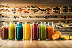 a row of bottles of juice on a wooden table. AI-Generated photo