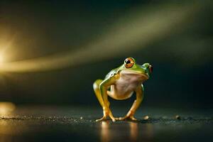 a frog standing on the ground with the sun in the background. AI-Generated photo