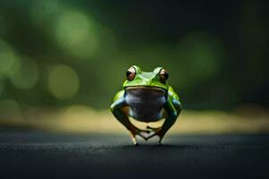 a frog is standing on the ground with its legs spread. AI-Generated photo