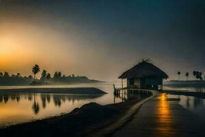 a hut sits on the shore of a lake at sunrise. AI-Generated photo