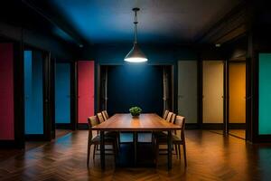a dining room with colorful walls and wooden floors. AI-Generated photo