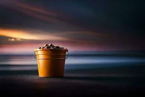 a bucket of sand on the beach at sunset. AI-Generated photo