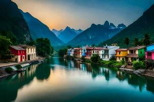 colorful houses line the banks of a river in the mountains. AI-Generated photo