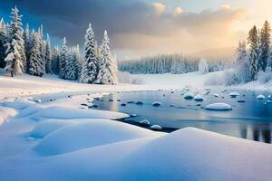 un Nevado río en el medio de un Nevado bosque. generado por ai foto