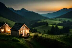 two small wooden houses on a hillside at sunset. AI-Generated photo