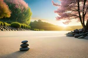 a stone stack is sitting on the sand near a tree. AI-Generated photo