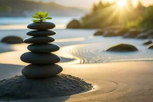 stack of stones on the beach with a plant growing out of one. AI-Generated photo