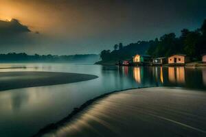 a lake at night with houses on the shore. AI-Generated photo