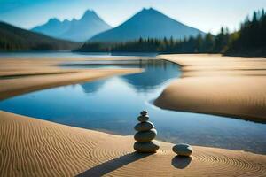 a stack of rocks on the sand near a lake. AI-Generated photo