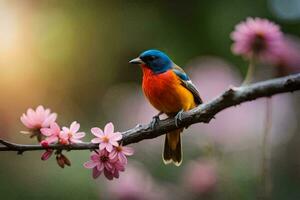 a colorful bird sits on a branch with pink flowers. AI-Generated photo