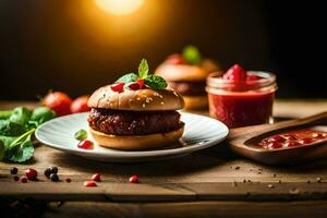 a hamburger with tomato sauce and ketchup on a plate. AI-Generated photo