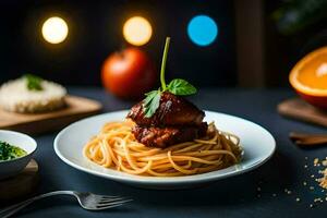 spaghetti with meat and sauce on a plate. AI-Generated photo