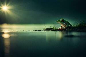 a frog sitting on the edge of the water at night. AI-Generated photo