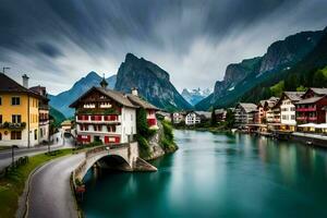 a river runs through a town in the mountains. AI-Generated photo
