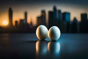 two eggs on a table in front of a city skyline. AI-Generated photo