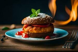 a hamburger with tomato and cheese on a plate. AI-Generated photo