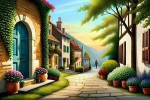 an illustration of a street in a village. AI-Generated photo