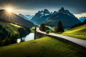 un la carretera en el montañas con un lago y montañas en el antecedentes. generado por ai foto