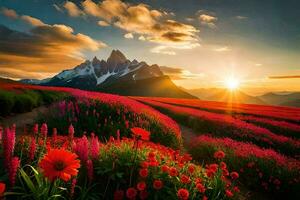 the sun rises over a field of red flowers and mountains. AI-Generated photo