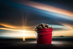 a bucket of potatoes on the beach at sunset. AI-Generated photo