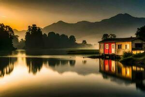 a small house sits on the shore of a lake at sunset. AI-Generated photo