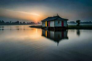 un pequeño casa se sienta en el borde de un lago a amanecer. generado por ai foto