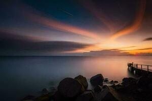 a long exposure photograph of a pier at sunset. AI-Generated photo