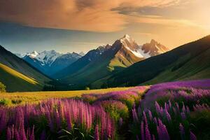 the sun shines on a field of purple flowers in the mountains. AI-Generated photo