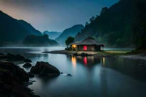 a small hut sits on the shore of a river. AI-Generated photo