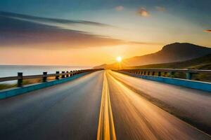 a long road with the sun setting behind it. AI-Generated photo