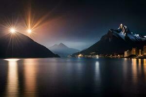 el Luna es brillante terminado un montaña rango y un lago. generado por ai foto