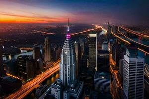 el ciudad horizonte a puesta de sol en nuevo york generado por ai foto