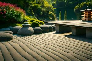a japanese garden with rocks and a pagoda. AI-Generated photo