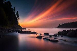 un hermosa puesta de sol terminado el Oceano con rocas y arboles generado por ai foto