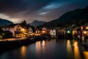 photo wallpaper the sky, mountains, water, houses, the night, the river, the town. AI-Generated