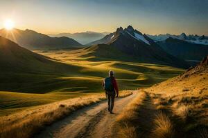 un hombre caminando en un camino en el montañas. generado por ai foto