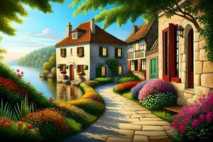 a painting of a house and garden by the water. AI-Generated photo