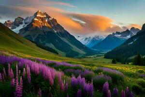 the sun rises over the mountains and flowers in the foreground. AI-Generated photo