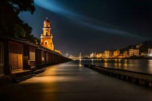 un largo exposición fotografía de un Iglesia torre en el medio de un río. generado por ai foto