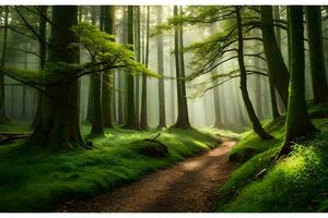 un camino mediante un verde bosque con luz de sol brillante mediante el arboles generado por ai foto