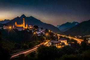 un ciudad iluminado arriba a noche con montañas en el antecedentes. generado por ai foto