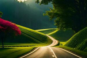 a road with trees and grass in the middle of a green field. AI-Generated photo