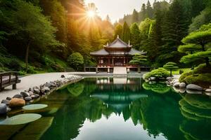 japanese garden in the forest with a pond and pagoda. AI-Generated photo