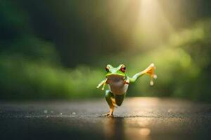 a frog jumping on the ground with the sun shining. AI-Generated photo