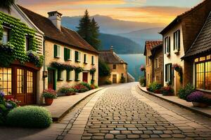 a street in the mountains with houses and flowers. AI-Generated photo